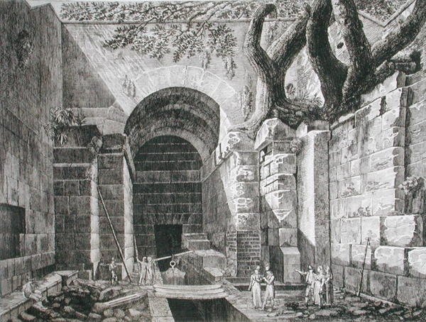 Rzymskie szczątki w Castel Gandolfo nad jeziorem Albano, z „Starożytności konturów Rzymu”, opublikowanej w latach 1824-26 (akwaforta) autorstwa Luigi Rossini