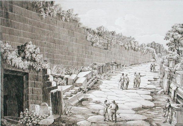Rzymska droga do Tusculo, po pierwszym wykopaniu w 1825 r., z „Le Antichita dei contorni di Roma”, opublikowana w latach 1824-26 (akwaforta) autorstwa Luigi Rossini
