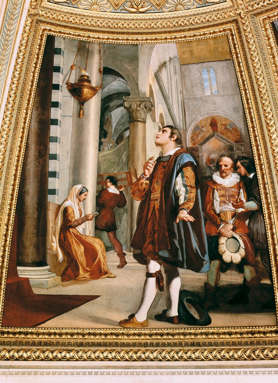 Galileo Galilei ogląda żyrandol kołyszący się w tę i z powrotem w katedrze w Pizie 1582 autorstwa Luigi Sabatelli
