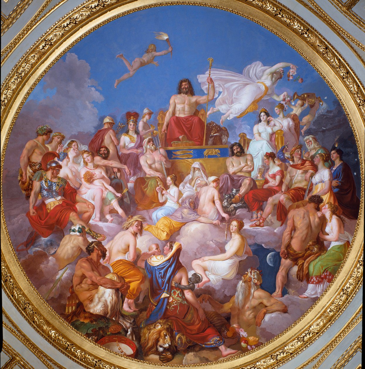 Rada Bogów (lub Zgromadzenie Bogów): Zeus na Olimpu otacza bóstwa. Są oni reprezentowani od góry do dołu i po lewej: Ganimedes, Atena, Posejdon, Hermes, Hefajstos, Afrodyta, Eros, 3 Charity, Dionizos i Ares. W centu autorstwa Luigi Sabatelli