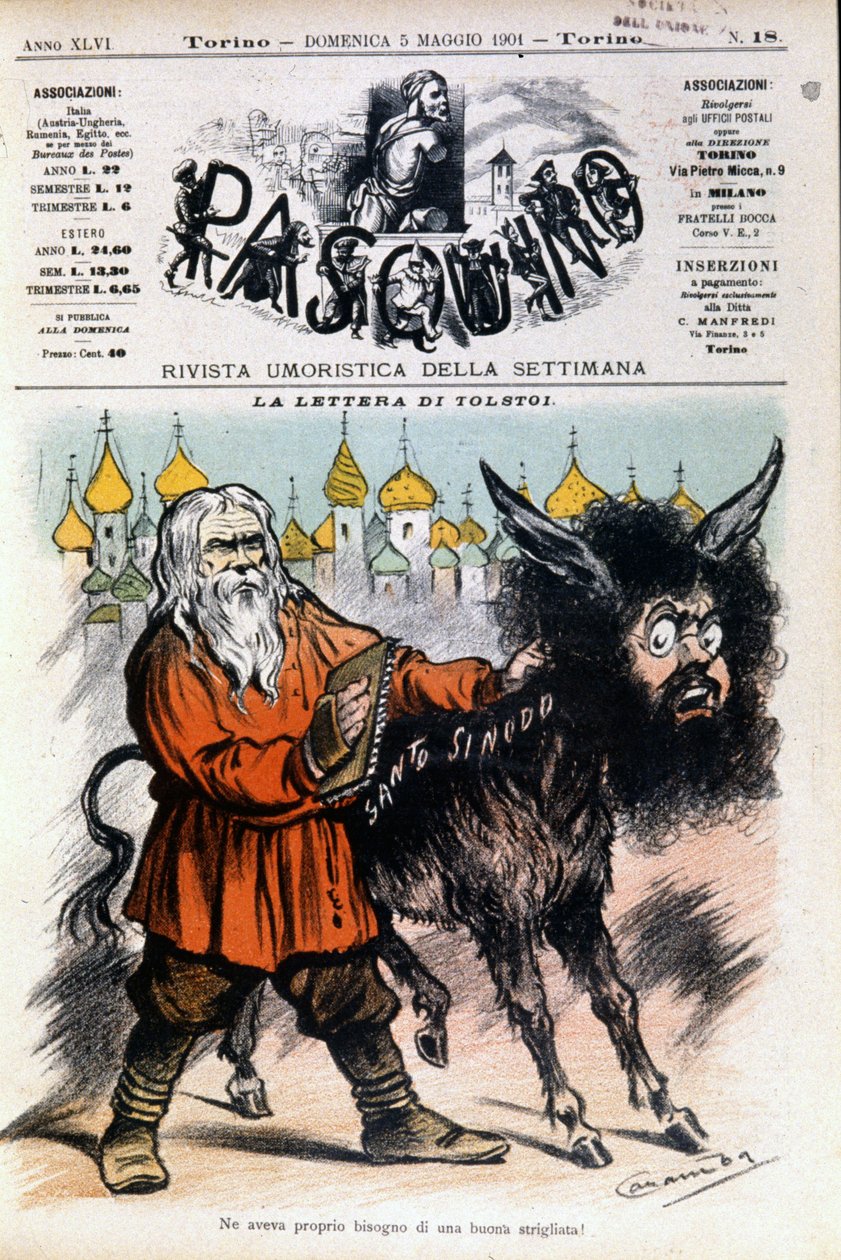 Karykatura o Tołstoju Luigiego Sapelli Caramby (1865-1936) dotycząca listu wysłanego przez Tołstoja do Stolicy Apostolskiej. Okładka Pasquino z 05.05.1901. autorstwa Luigi Sapelli Caramba