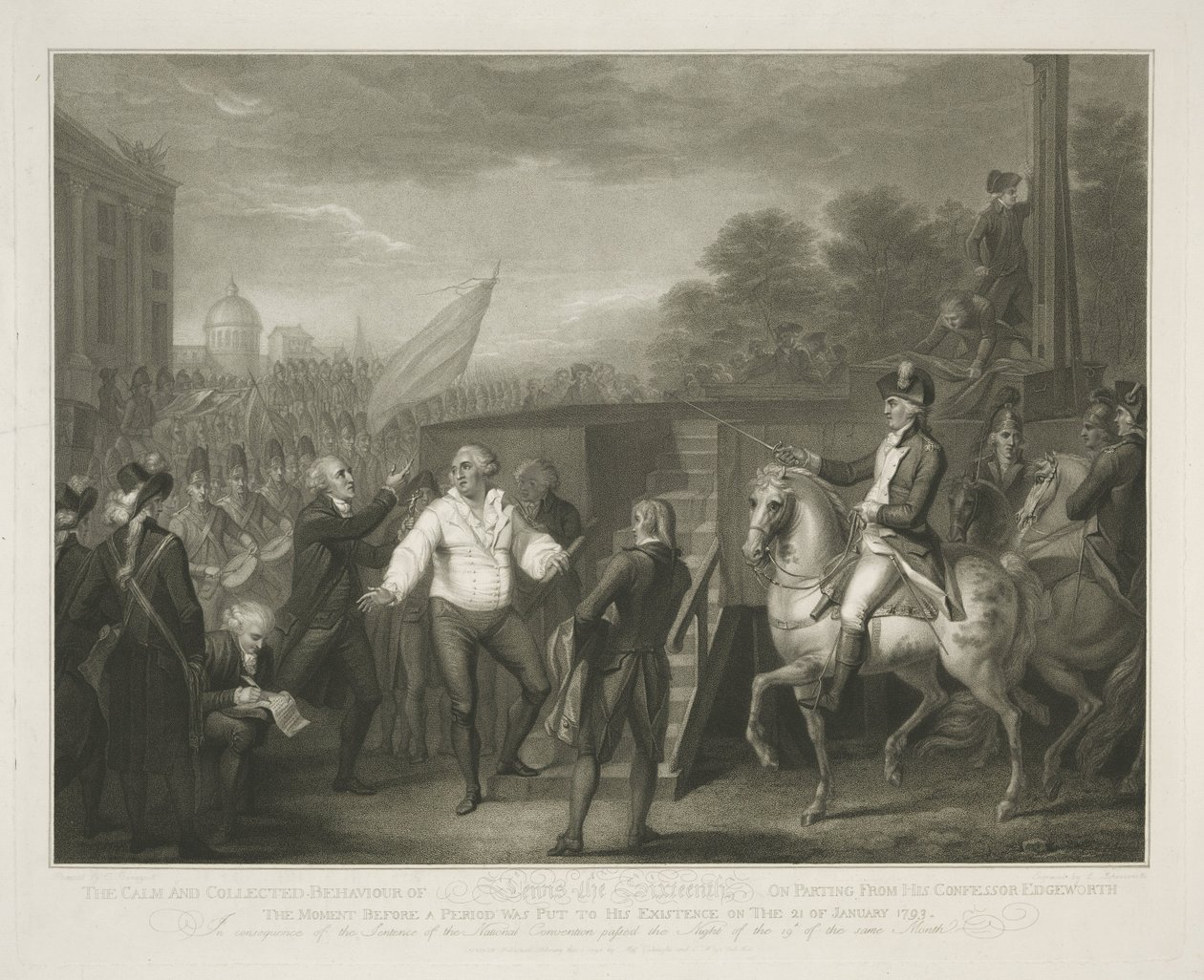 Lodewijk XVI bij het schavot Spokojne i opanowane zachowanie Lewisa XVI po rozstaniu ze spowiednikiem Edgeworthem / chwilę przed postawieniem okresu jego egzystencji 21 stycznia 1793 (tytuł na obiekcie) autorstwa Luigi Schiavonetti