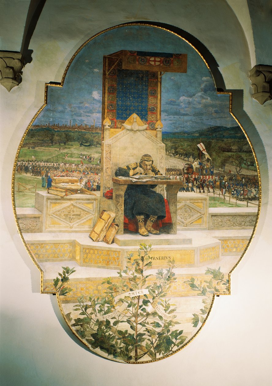 Irnerio zauważa stare prawa, Luigi Serra (1846-1888), wolnostojący fresk, 486x355 cm autorstwa Luigi Serra