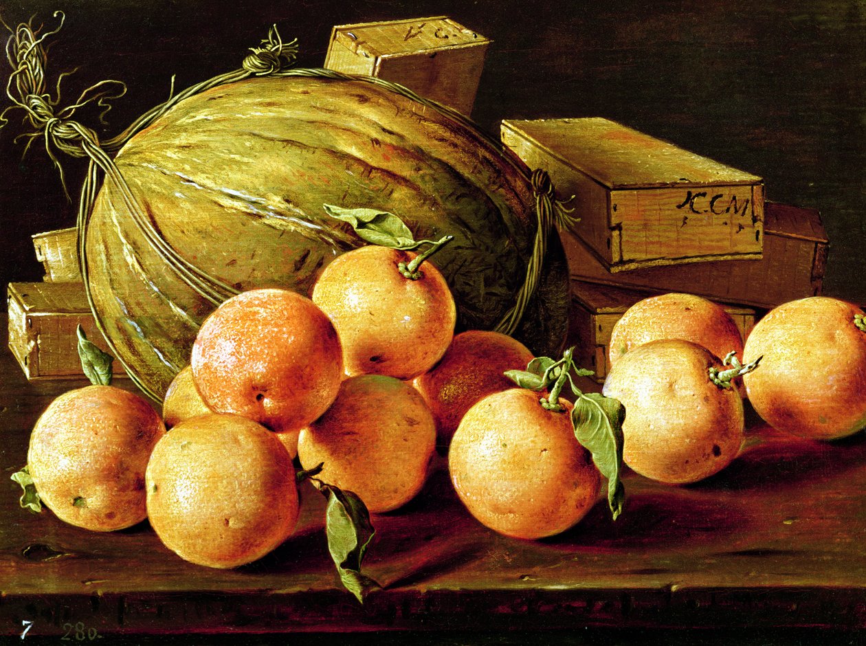 Martwa natura z pomarańczami, melonami i pudełkami słodyczy autorstwa Luis Egidio Melendez