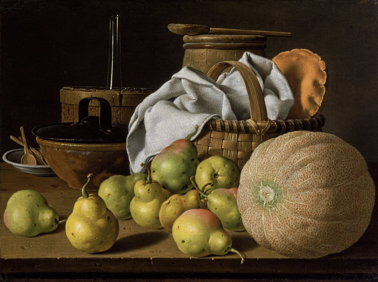 Martwa natura z melonem i gruszkami autorstwa Luis Egidio Melendez
