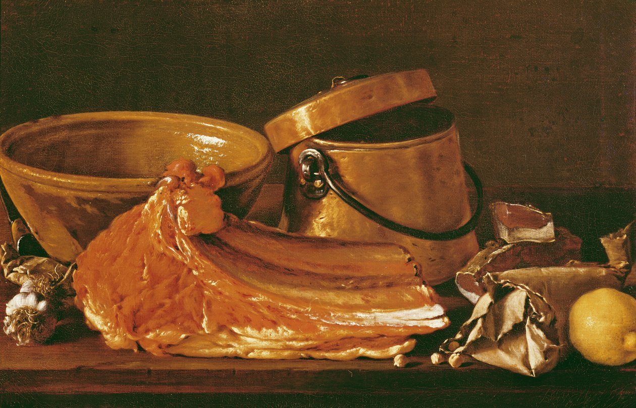 Martwa natura z mięsem, garnkami, ciecierzycą, cytryną i czosnkiem autorstwa Luis Egidio Melendez