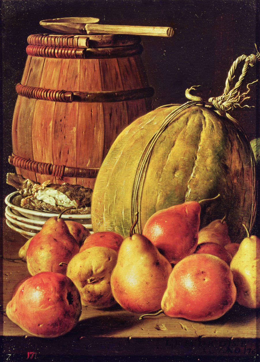 Martwa natura z gruszkami, melonem i beczką do marynowania autorstwa Luis Egidio Melendez
