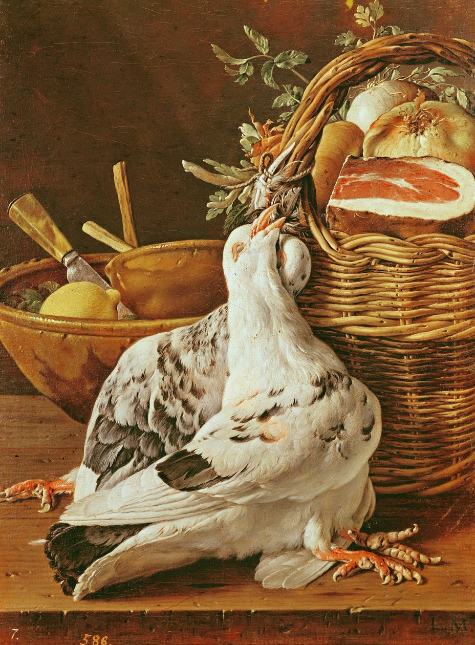 Martwa natura z gołębiami, wiklinowym koszykiem, szynką, cebulą i cytryną autorstwa Luis Egidio Melendez