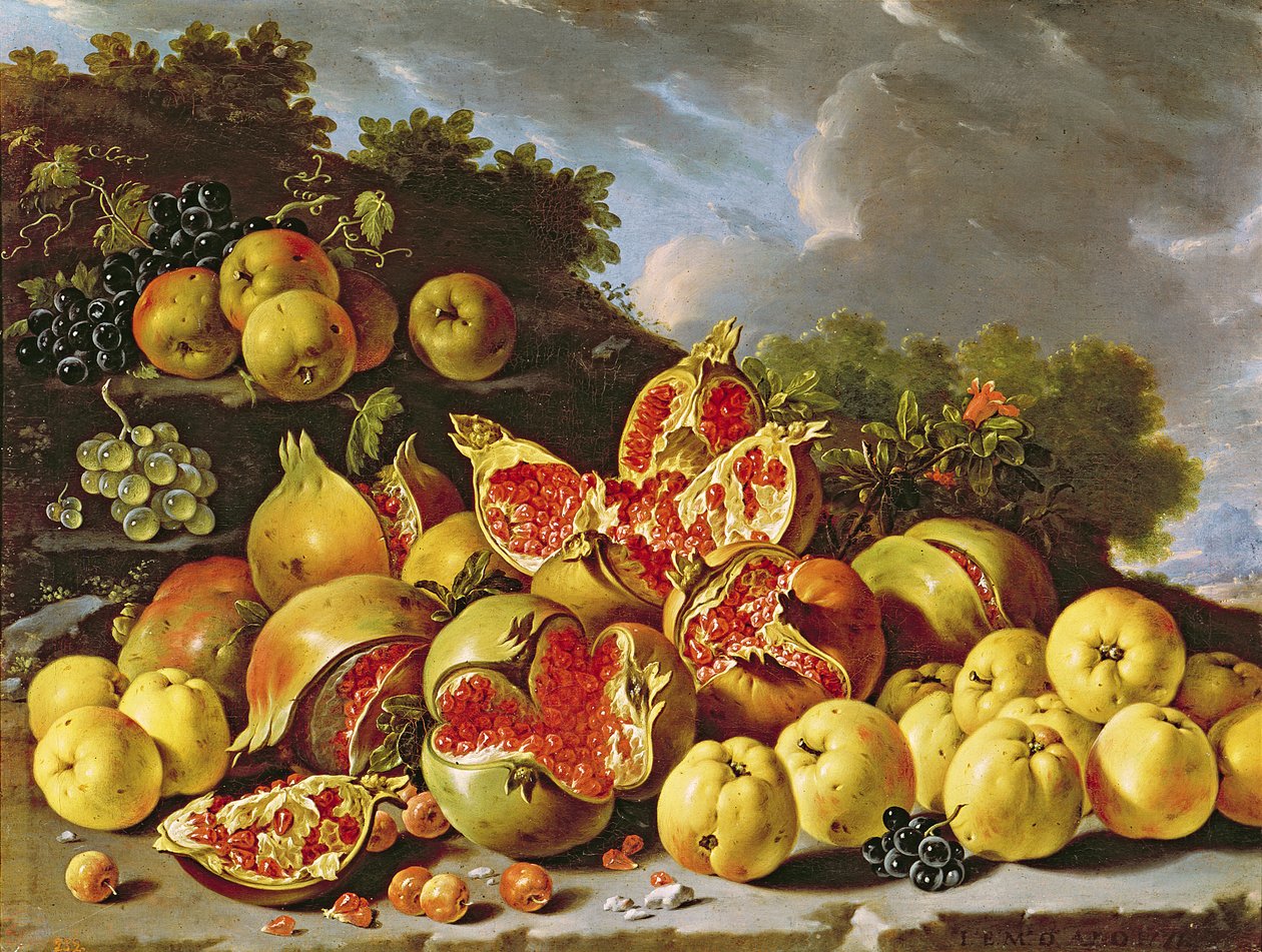 Martwa natura z granatami, jabłkami, wiśniami i winogronami autorstwa Luis Egidio Melendez