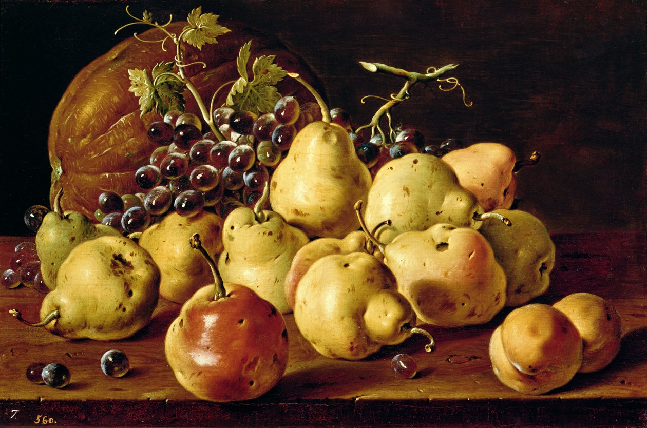 Martwa natura z pigwami, brzoskwiniami, winogronami i dynią autorstwa Luis Egidio Melendez