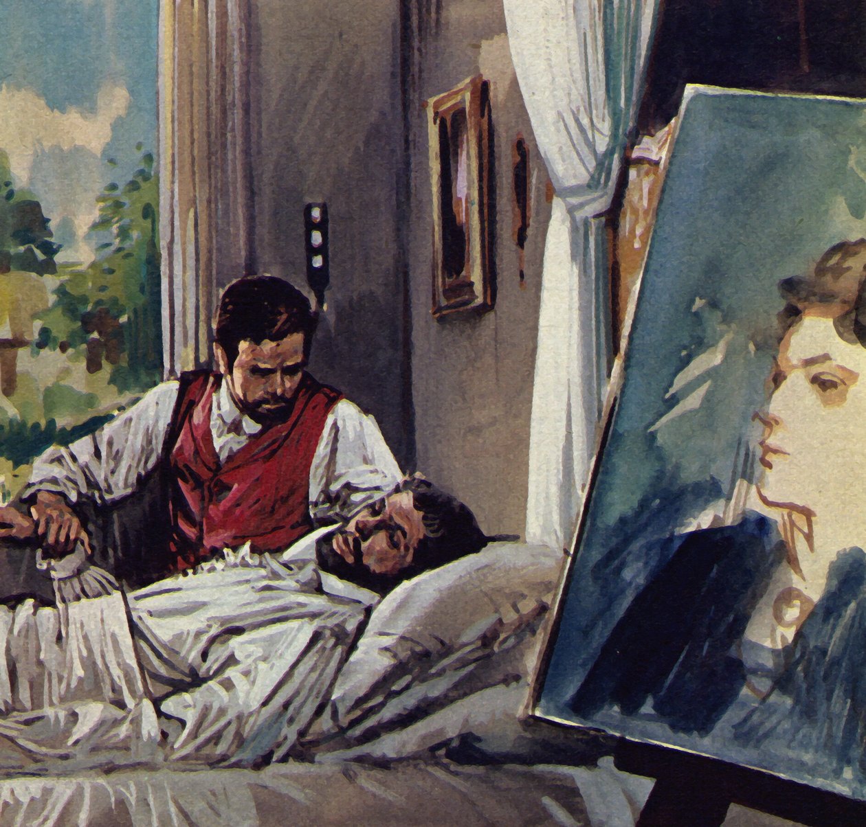 Manet zmarł w ramionach swojego przyjaciela Chabriera (kolorowa litografia) autorstwa Luis Arcas Brauner