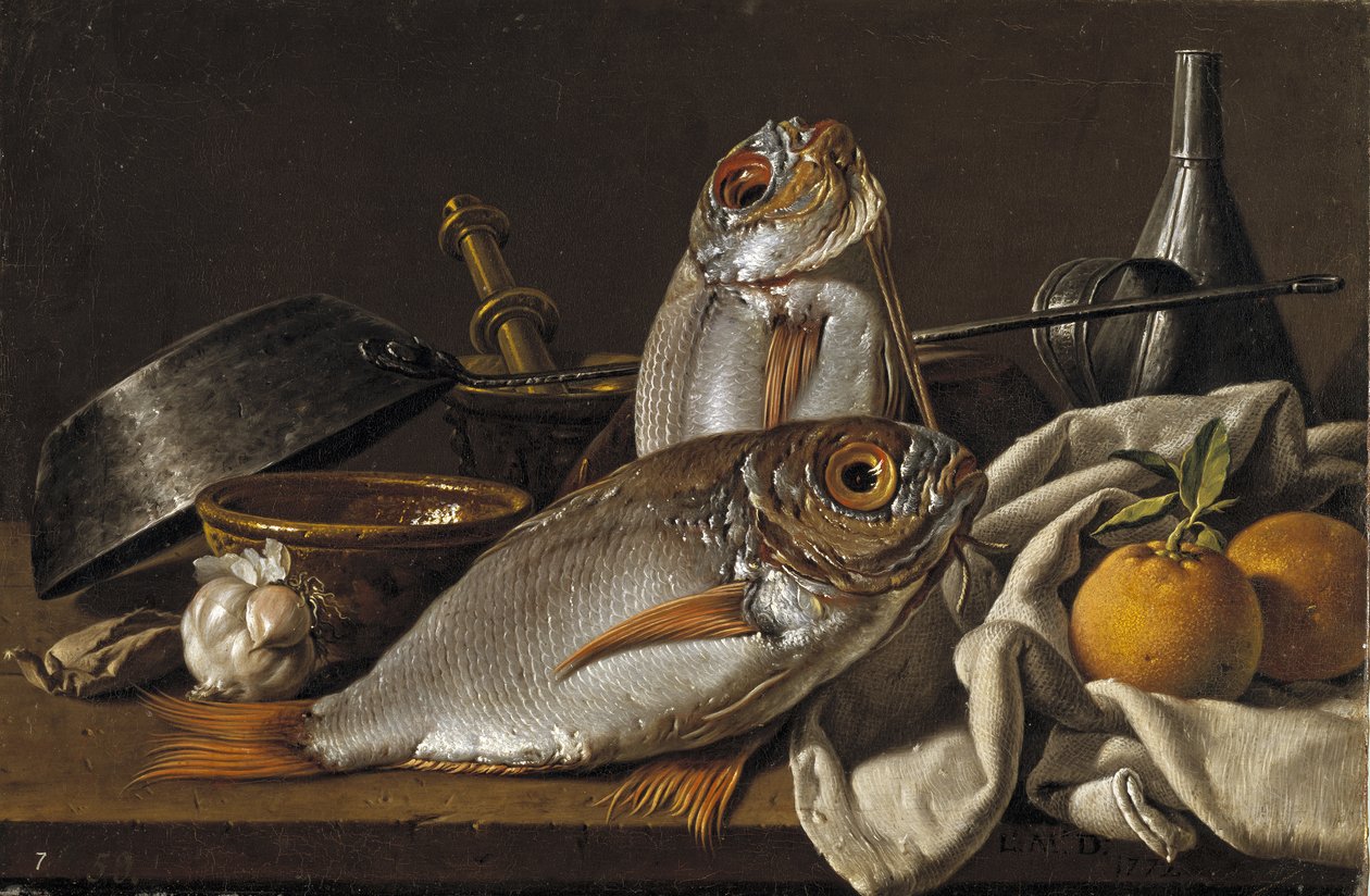 Martwa natura z leszczem, pomarańczami, czosnkiem i przyborami kuchennymi, 1772 autorstwa Luis Egidio Melendez