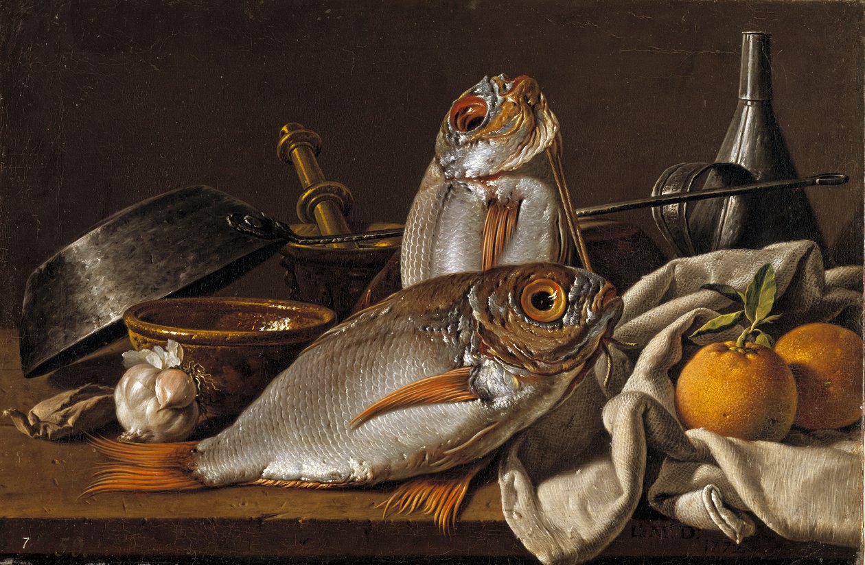 Martwa natura z leszczem, pomarańczami, czosnkiem i przyborami kuchennymi autorstwa Melendez, Luis Egidio (1716-1780) autorstwa Luis Egidio Melendez