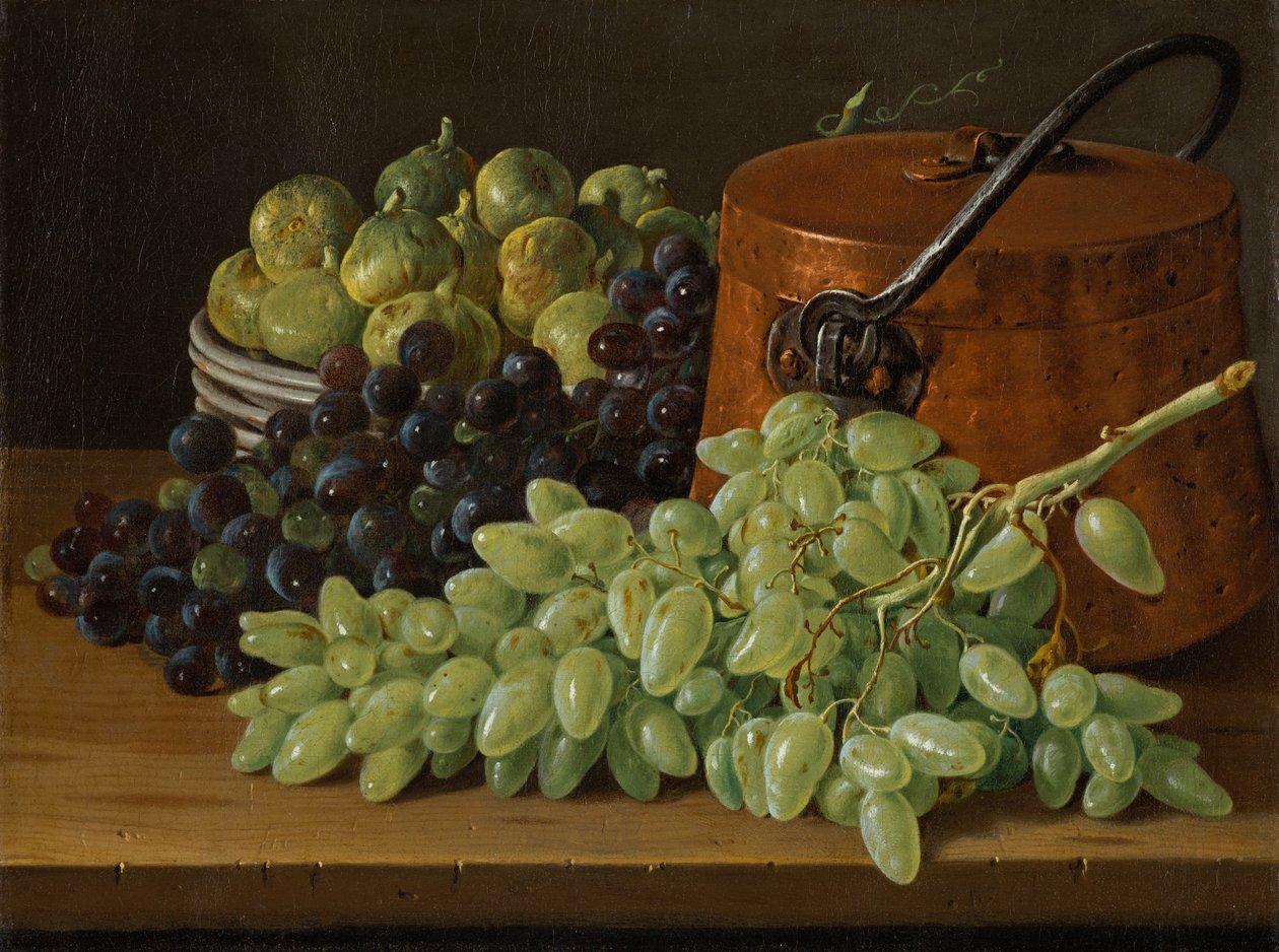 Martwa natura z winogronami, figami i miedzianym czajnikiem, ok. 1770 autorstwa Luis Egidio Melendez