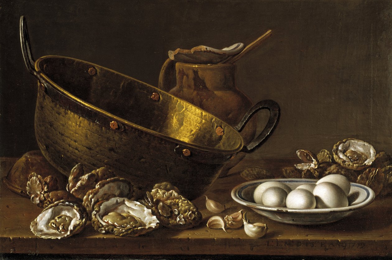 Martwa natura z ostrygami, czosnkiem i jajkami, 1772 autorstwa Luis Egidio Melendez