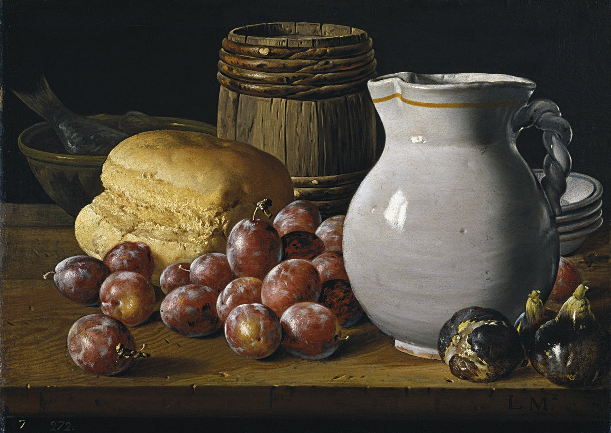 Martwa natura ze śliwkami, figami, chlebem i dzbanem, druga połowa XVIII wieku autorstwa Luis Egidio Melendez