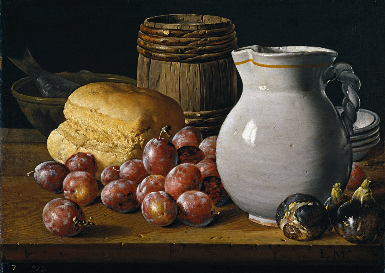 Martwa natura ze śliwkami, figami, chlebem i dzbanem par Melendez, Luis Egidio (1716-1780), II poł. - Olej na płótnie, 35x48 - Museo del Prado, Madryt autorstwa Luis Egidio Melendez