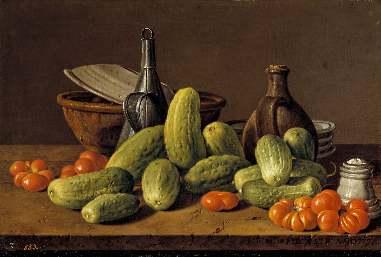 hiszpański: Bodegón con pepinos, tomates y recipientes Martwa natura z ogórkami, pomidorami i naczyniami autorstwa Luis Egidio Melendez