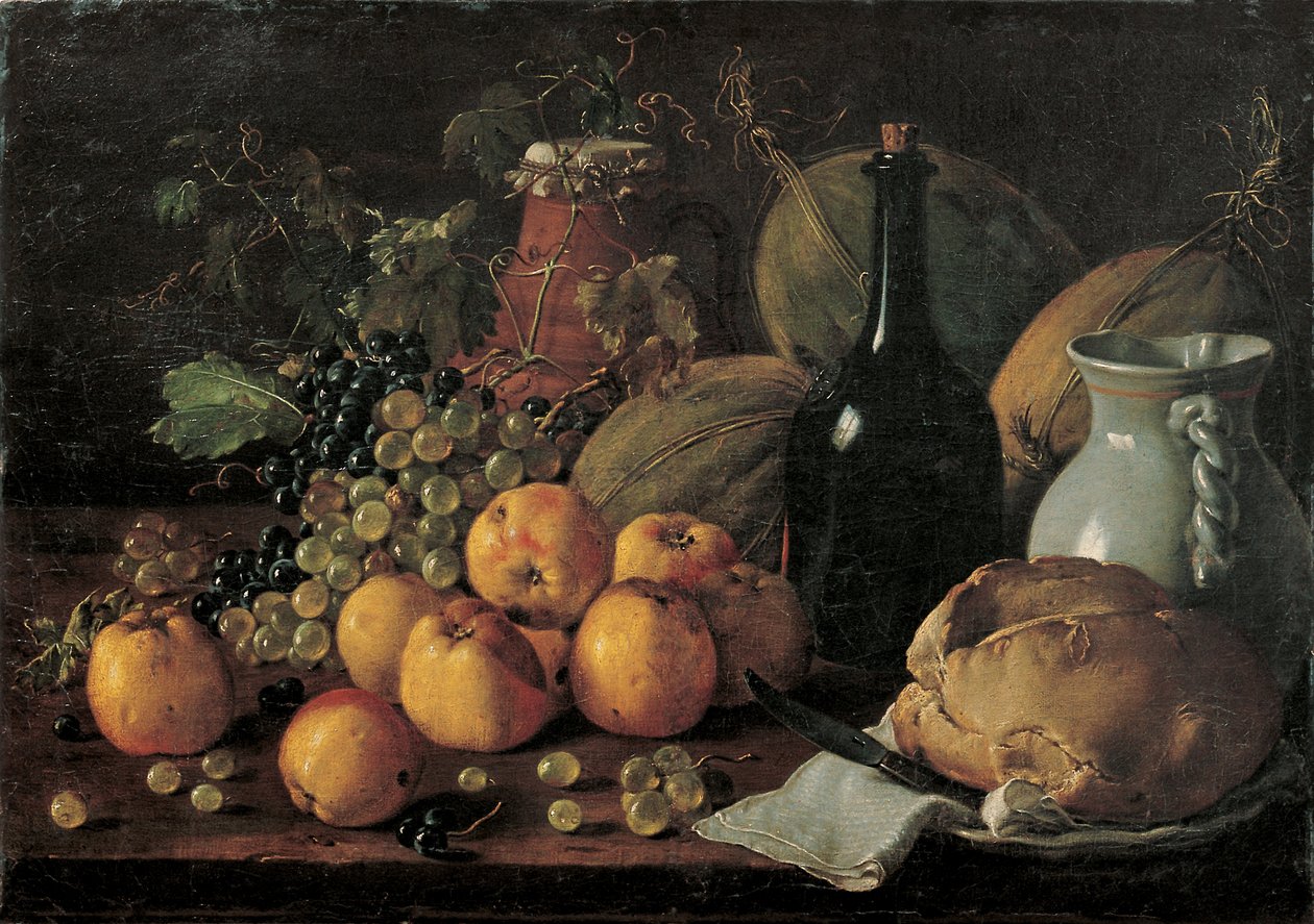 Martwa natura z jabłkami, winogronami, melonami, chlebem, dzbanem i butelką autorstwa Luis Egidio Melendez