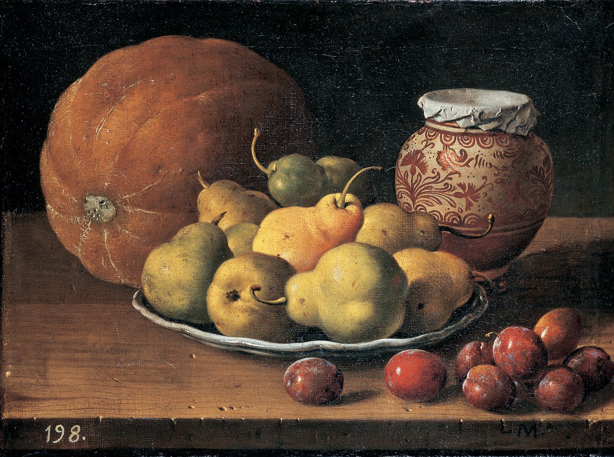 Gruszki na talerzu, melon, śliwki i zdobiony słój na drewnianej półce autorstwa Luis Egidio Menendez or Melendez