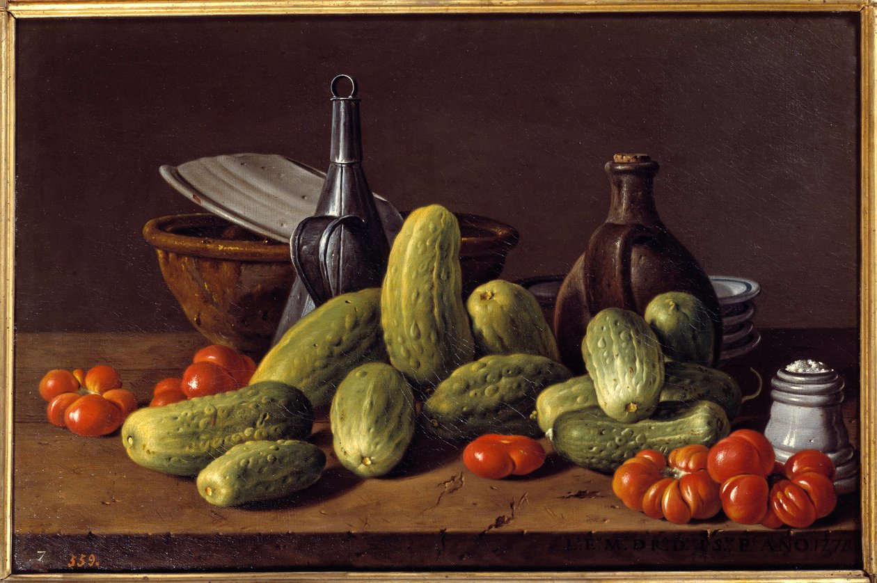 Martwa natura: ogórki, pomidory i pojemniki. Obraz Luisa Melendeza (1716-1780) autorstwa Luis Egidio Menendez or Melendez