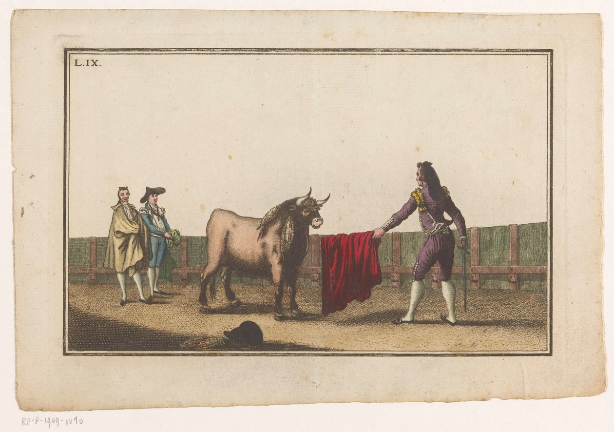 Matador rzuca wyzwanie bykowi Coleccion de las principales suertes de una corrida de toros (tytuł serii) Zbiór najważniejszych manewrów walki byków (tytuł serii) autorstwa Luis Fernandez Noseret