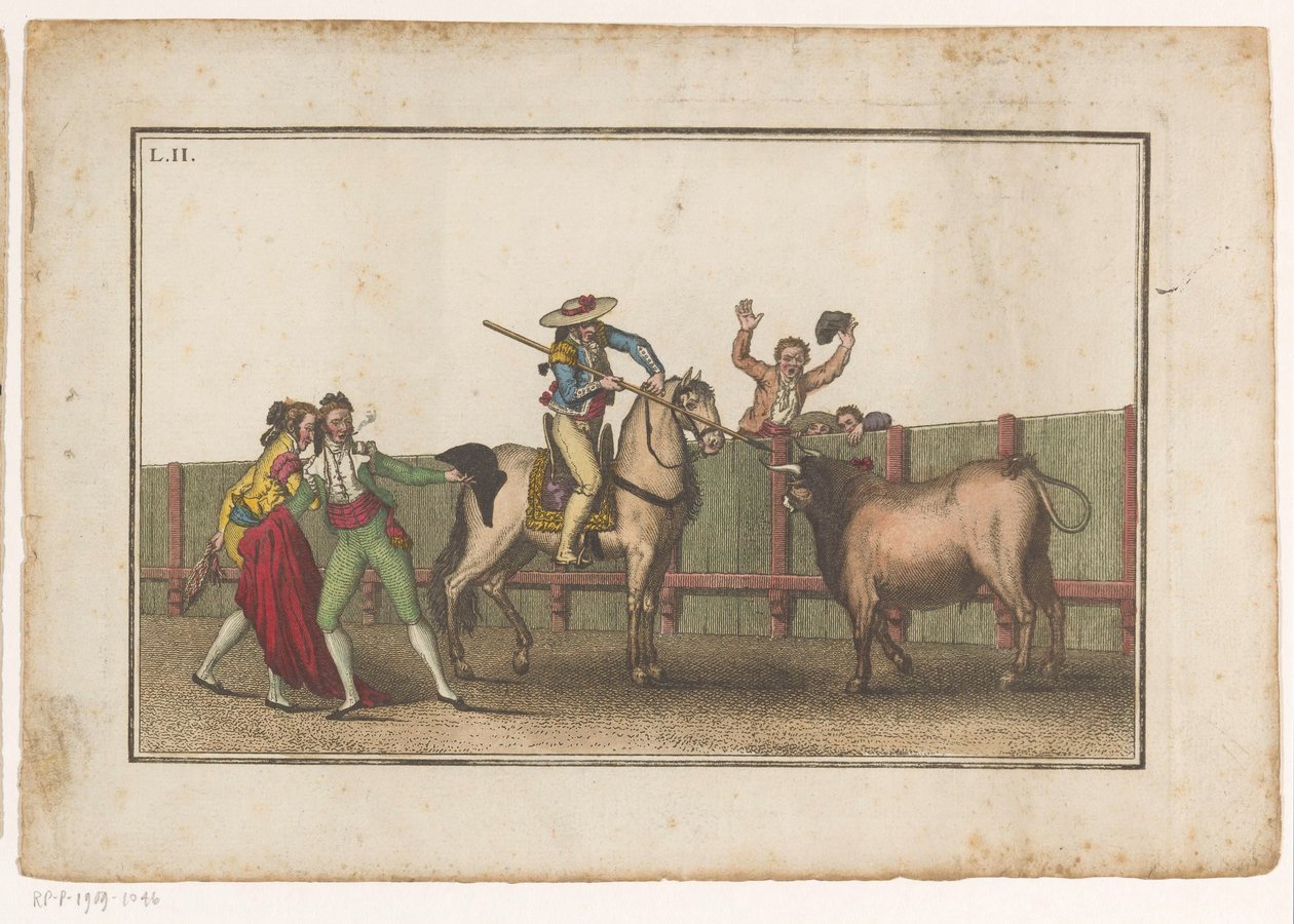 Picador celuje lancą w byka Coleccion de las principales suertes de una corrida de toros (tytuł serii) Zbiór najważniejszych manewrów walki byków (tytuł serii) autorstwa Luis Fernandez Noseret