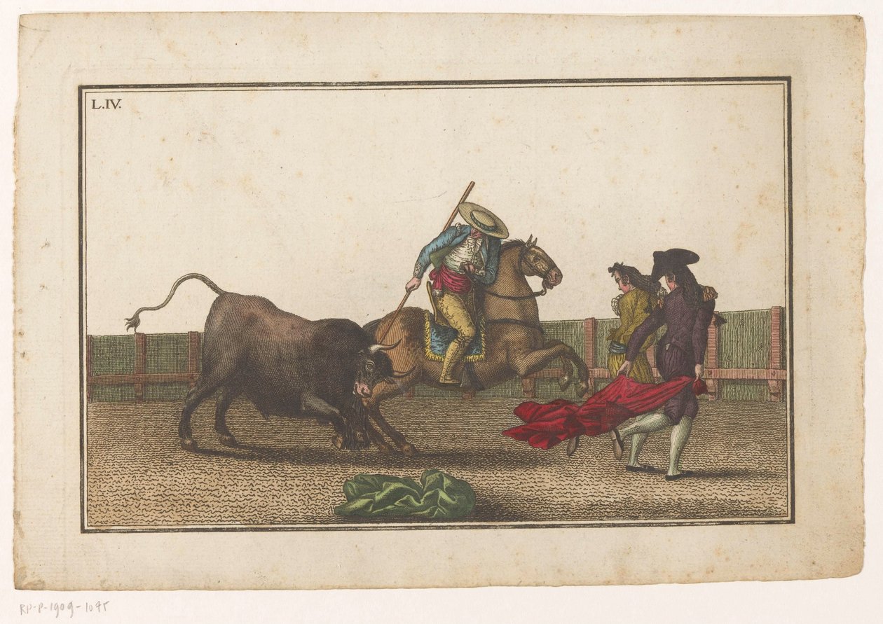Picador wbija lancę w byka Coleccion de las principales suertes de una corrida de toros (tytuł serii) Zbiór najważniejszych manewrów walki byków (tytuł serii) autorstwa Luis Fernandez Noseret