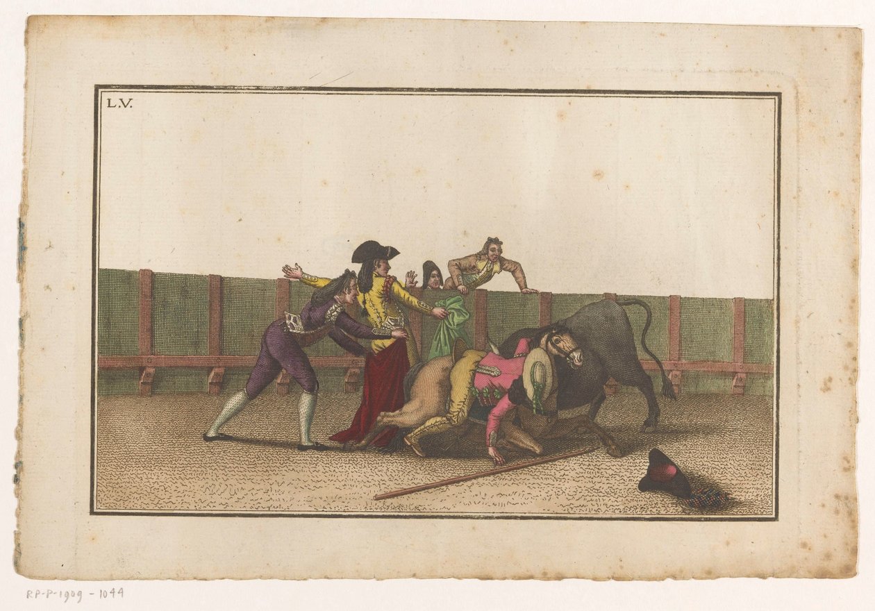Picador spadł z konia Coleccion de las principales suertes de una corrida de toros (tytuł serii) Zbiór najważniejszych manewrów walki byków (tytuł serii) autorstwa Luis Fernandez Noseret