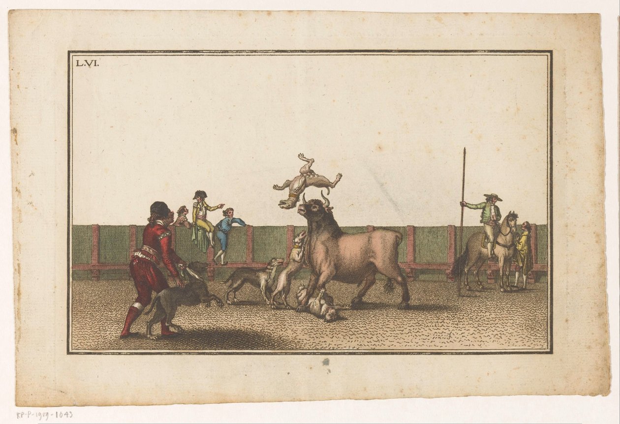 Byk zaatakowany przez psy Coleccion de las principales suertes de una corrida de toros (tytuł serii) Zbiór najważniejszych manewrów walki byków (tytuł serii) autorstwa Luis Fernandez Noseret