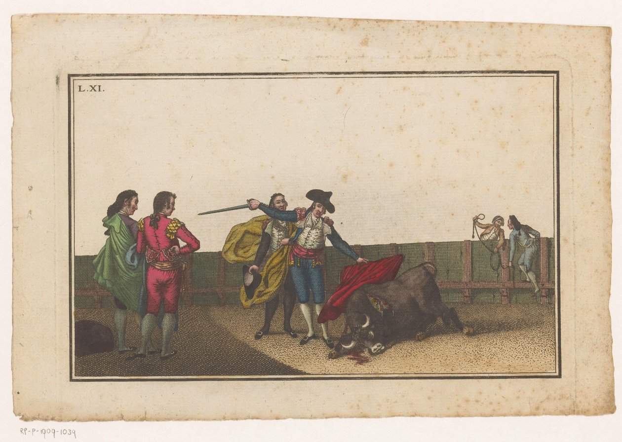 Byk ukąszony przez matadora Coleccion de las principales suertes de una corrida de toros (tytuł serii) Zbiór najważniejszych manewrów walki byków (tytuł serii) autorstwa Luis Fernandez Noseret