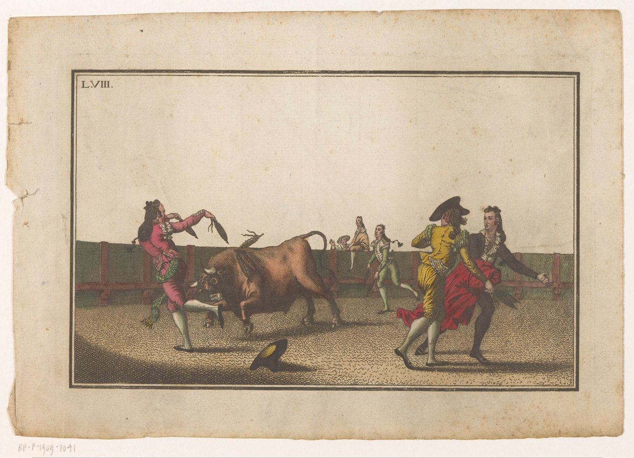 Byk zostaje wyzwany na banderille Coleccion de las principales suertes de una corrida de toros (tytuł serii) Zbiór najważniejszych manewrów walki byków (tytuł serii) autorstwa Luis Fernandez Noseret