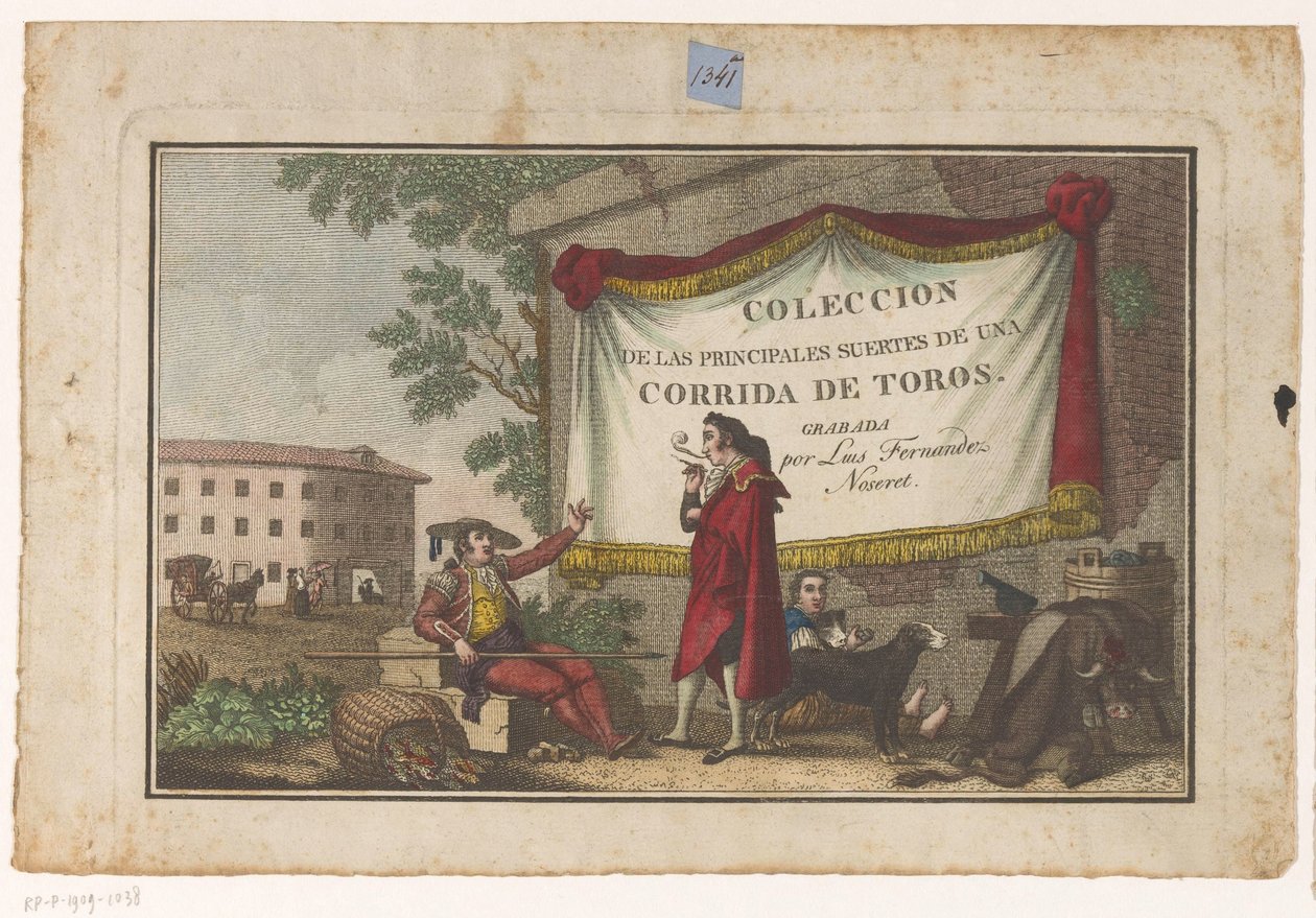 Nadruk tytułowy z torreadorami i byczą skórą Coleccion de las principales suertes de una corrida de toros (tytuł serii na obiekcie) Zbiór najważniejszych manewrów walki byków (tytuł serii) autorstwa Luis Fernandez Noseret