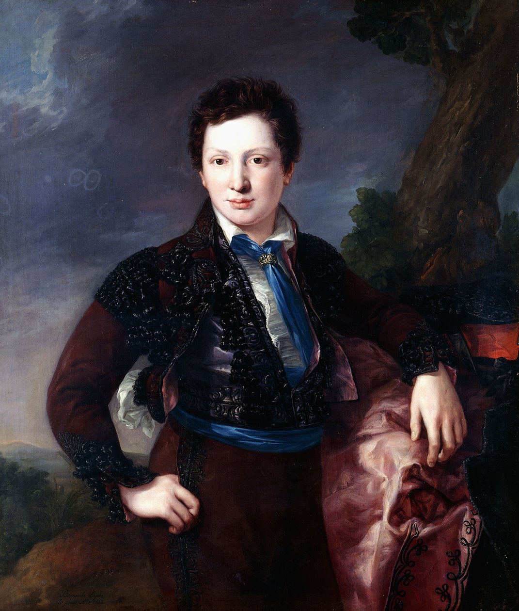 Portret Don Matiasa Edmundo Tirela y Gomeza de las Casas, przyszłego drugiego markiza Ulagares i wicehrabiego Castel Ruiz, stojącego w trzech czwartych długości w stroju Majo, 1833 autorstwa Luis Lopez Piquer