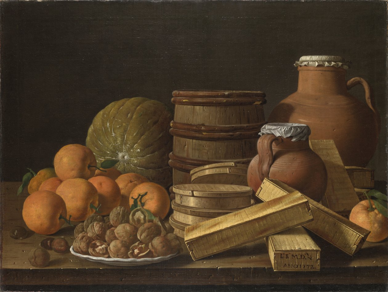Martwa natura z pomarańczami i orzechami włoskimi, 1772 autorstwa Luis Egidio Melendez