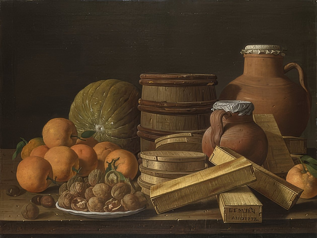 Martwa natura z pomarańczami i orzechami włoskimi. 1772 autorstwa Luis Egidio Melendez