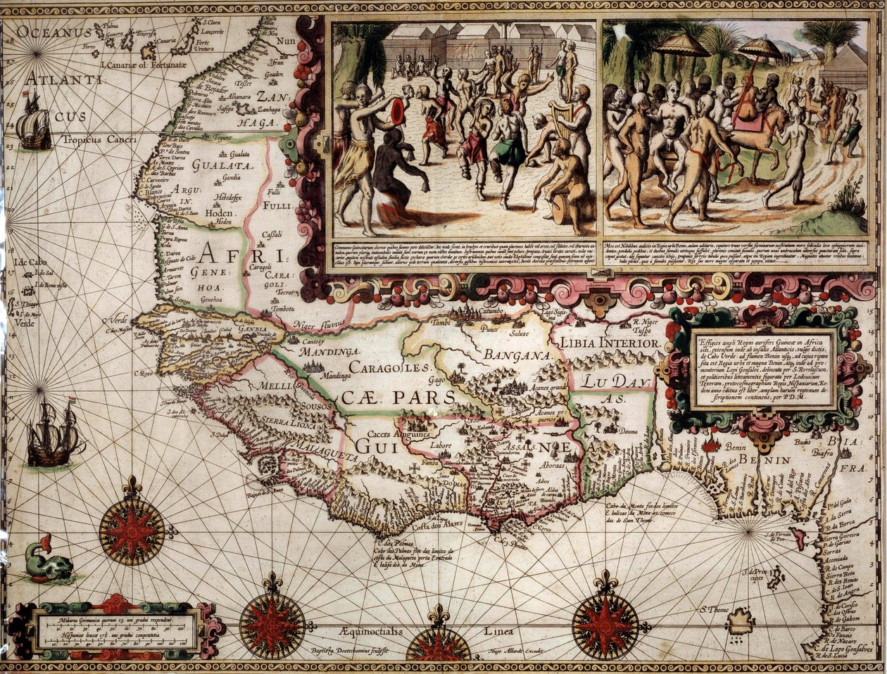 Mapa geograficzna Gwinei sporządzona przez kartografa Luisa Teixera (lub Teixeira), około 1586 roku. U góry po prawej przedstawia scenę tańca wśród rdzennych mieszkańców (Afrykanie). autorstwa Luis Teixeira