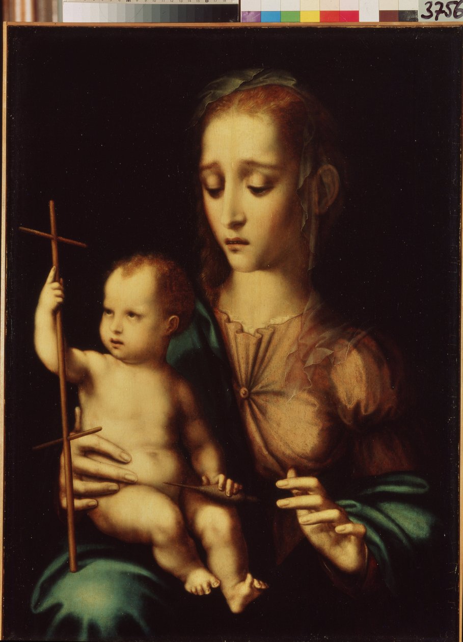 Madonna z Dzieciątkiem z Kądzielą (Madonna z Dzieciątkiem z Kądzielą). Obraz Luisa de Morales (1509/20-1586), ok. 1570. Sztuka hiszpańska, styl manierystyczny. Muzeum Ermitażu w Sankt Petersburgu. autorstwa Luis de Morales