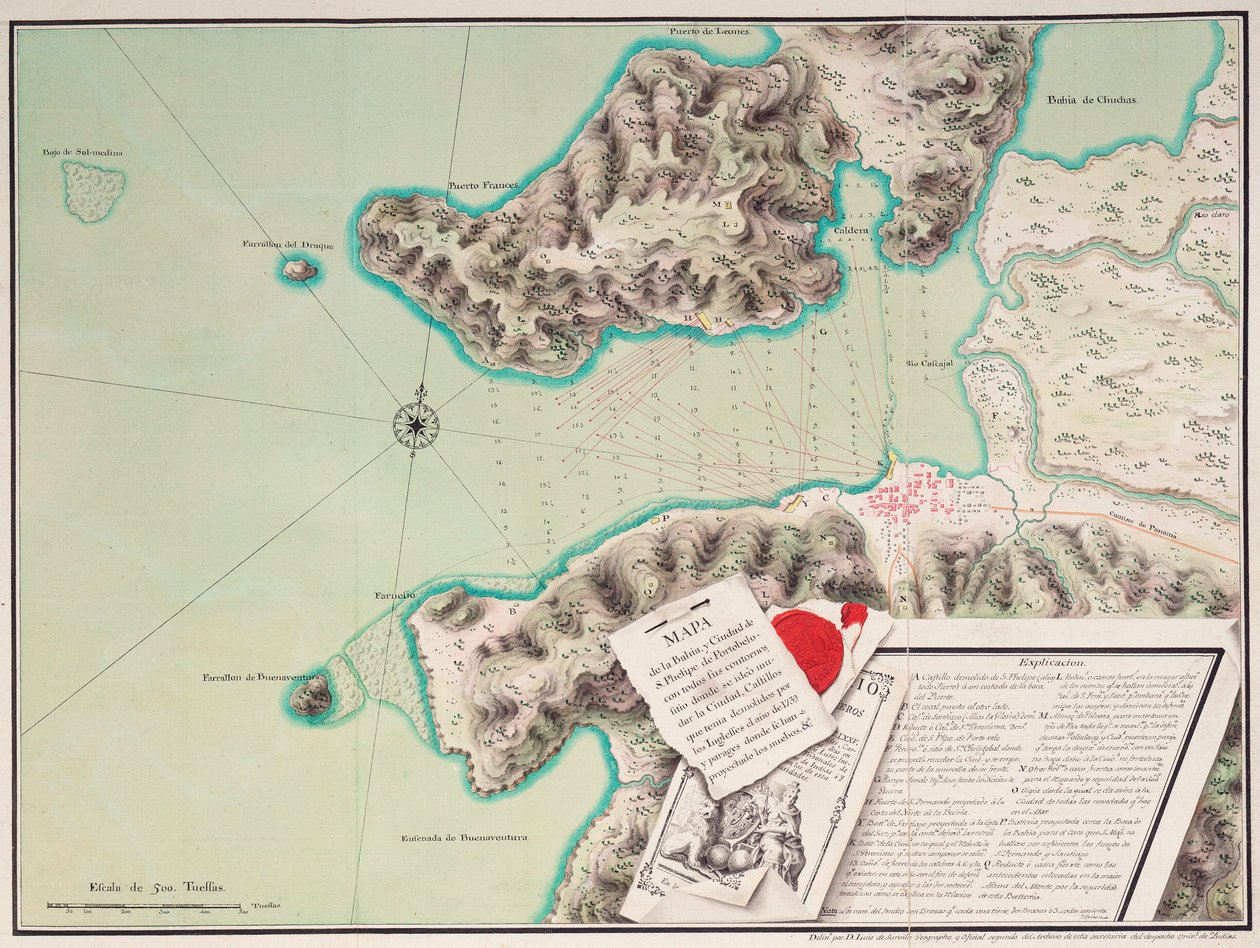 Mapa zatoki i miasta S. Phelipe de Portobelo autorstwa Luis de Surville