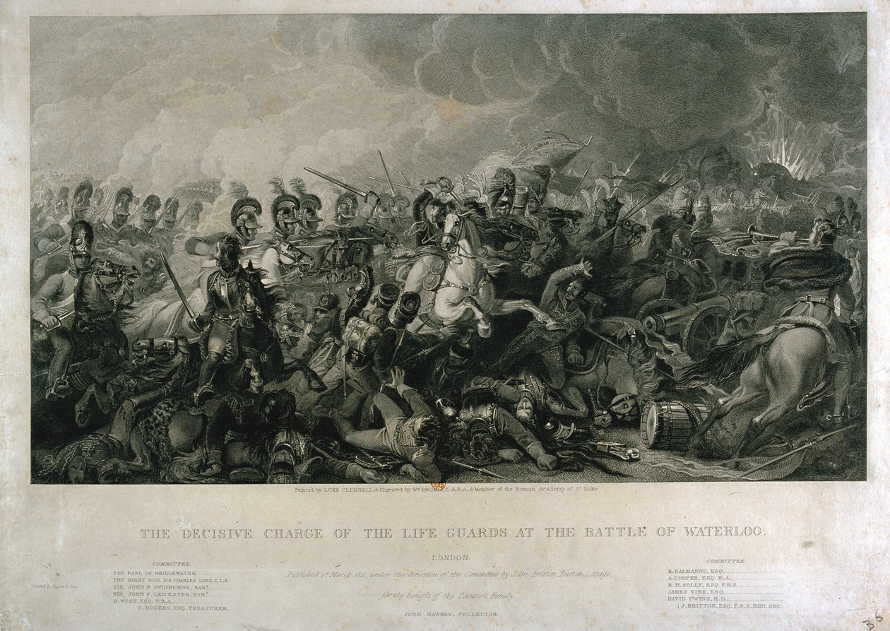 Decydująca szarża Life Guards pod Waterloo w 1815 roku, wyryte przez Williama Bromleya, 1821 (rycina ręcznie kolorowana) autorstwa Luke Clennell