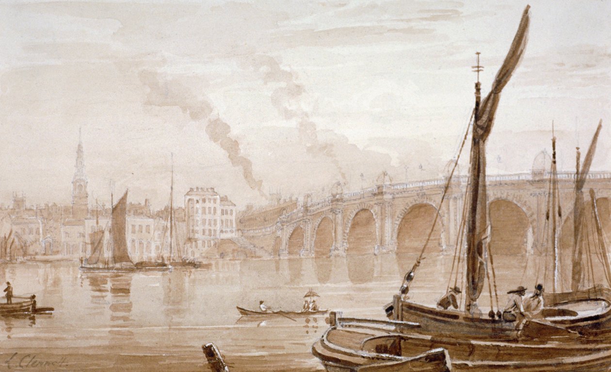 Widok na most Blackfriars od brzegu Surrey, z łodziami na pierwszym planie, Londyn, c1825 autorstwa Luke Clennell