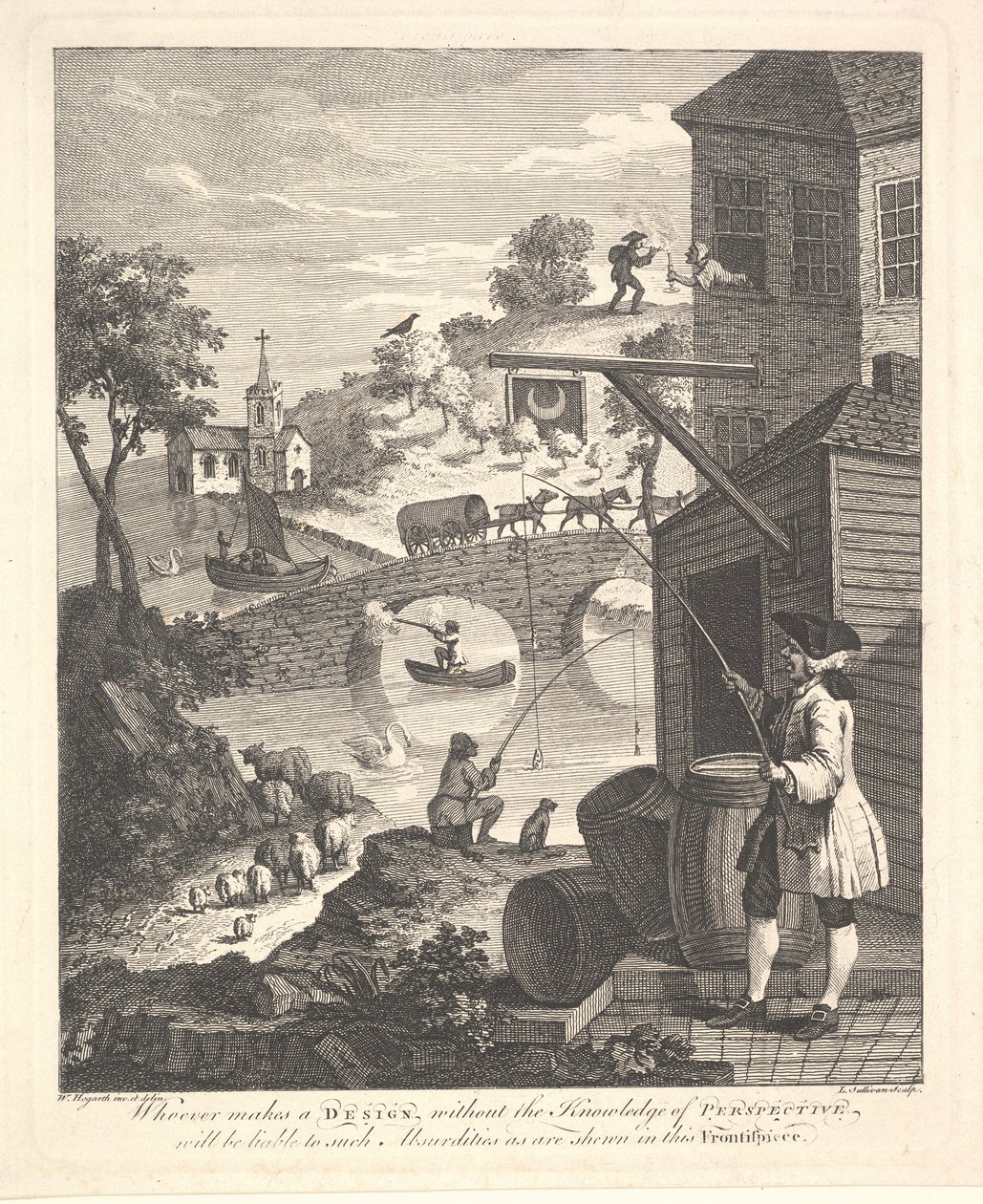 Satyra na fałszywą perspektywę: Frontispiece do perspektywy Kirbysa, luty 1754. autorstwa Luke Sullivan