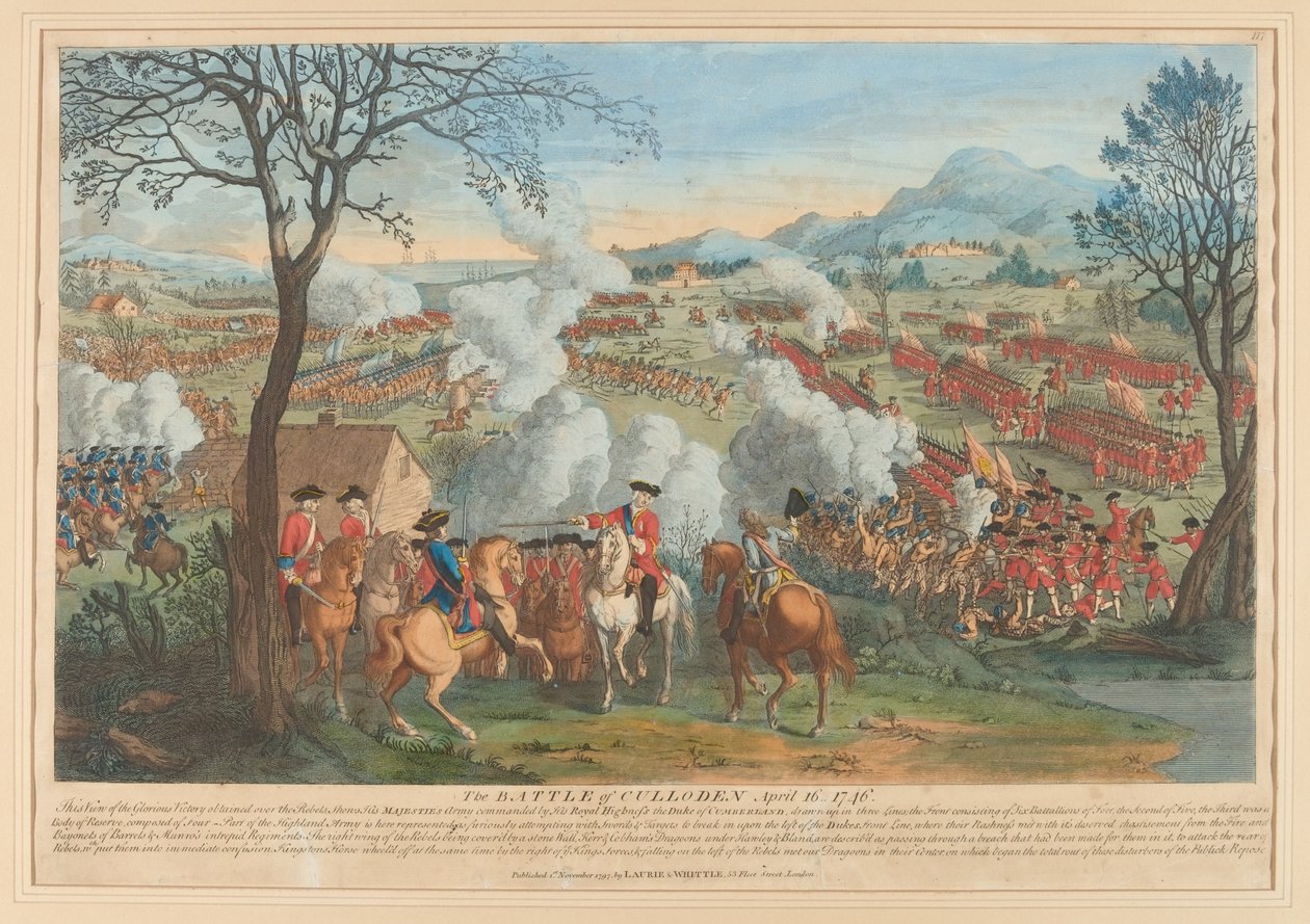 „Bitwa pod Culloden 16 kwietnia 1746” (linia grawerowana, kolorowa) autorstwa Luke Sullivan