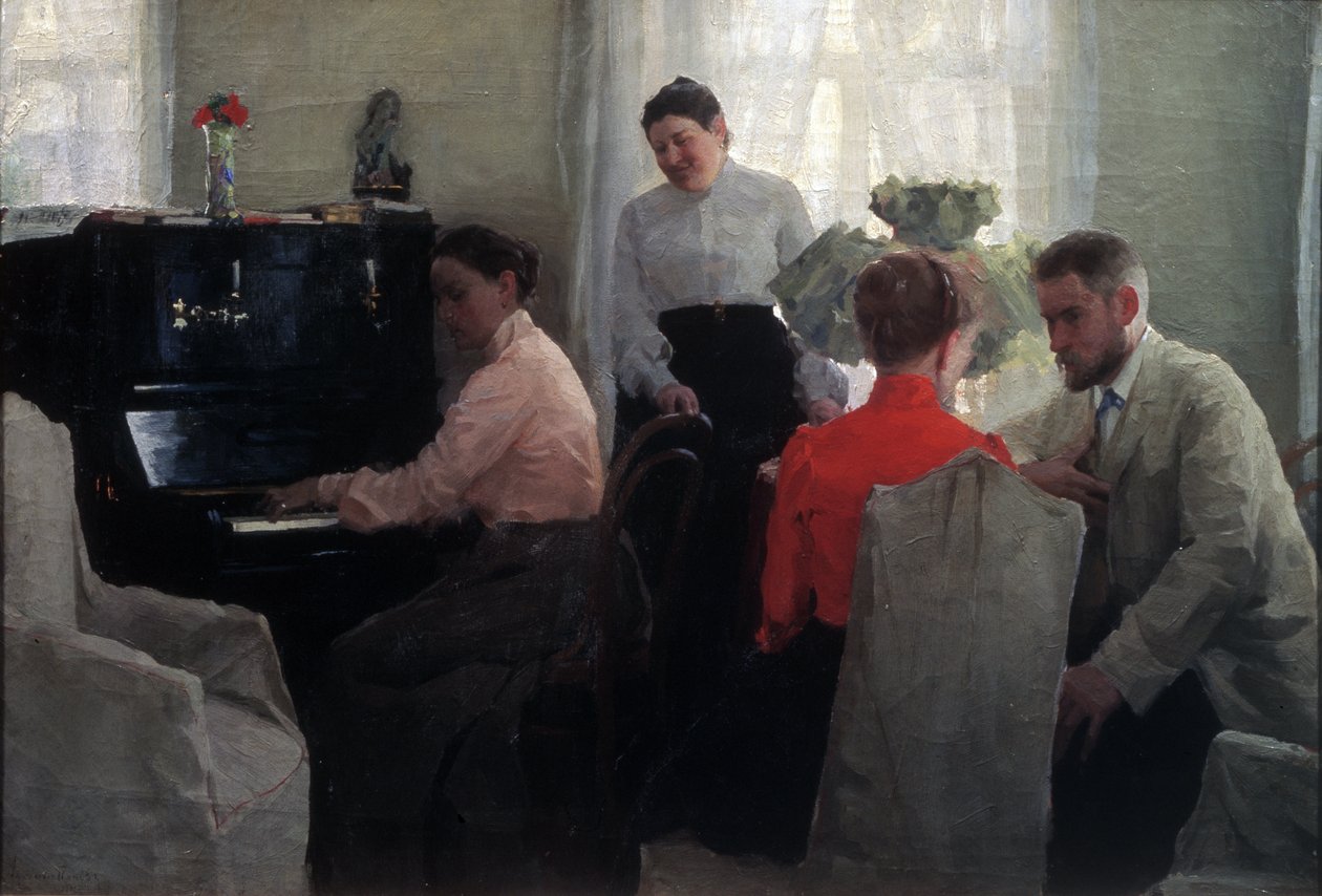 Pretendent (młody mężczyzna zaloty pod okiem dwóch żeńskich przyzwoitek, z których jedna gra na pianinie) (Pan Młody) - Obraz Lukiana Wasiljewicza Popowa (1873-1914), olej na płótnie (54x80 cm) autorstwa Lukjan Vasilievich Popov
