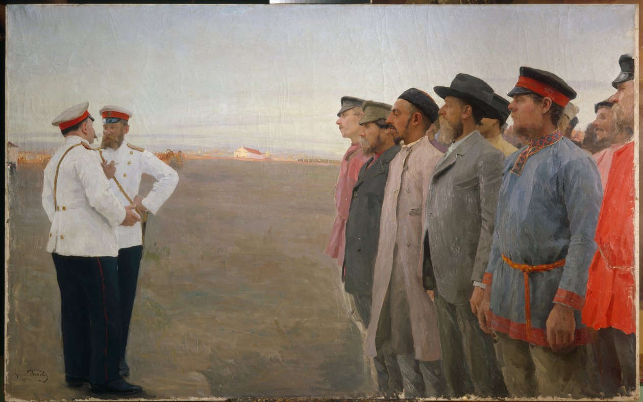 Rekrutacja - Obraz Lukiana Wasiljewicza Popowa (1873-1914), olej na płótnie autorstwa Lukjan Vasilievich Popov