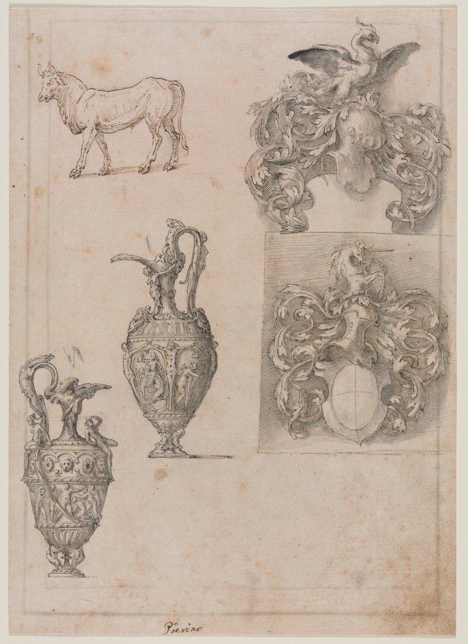 Projekt dla dwóch wazonów, dwóch herbów i Bull recto, połowa XVI wieku. autorstwa Luzio Romano
