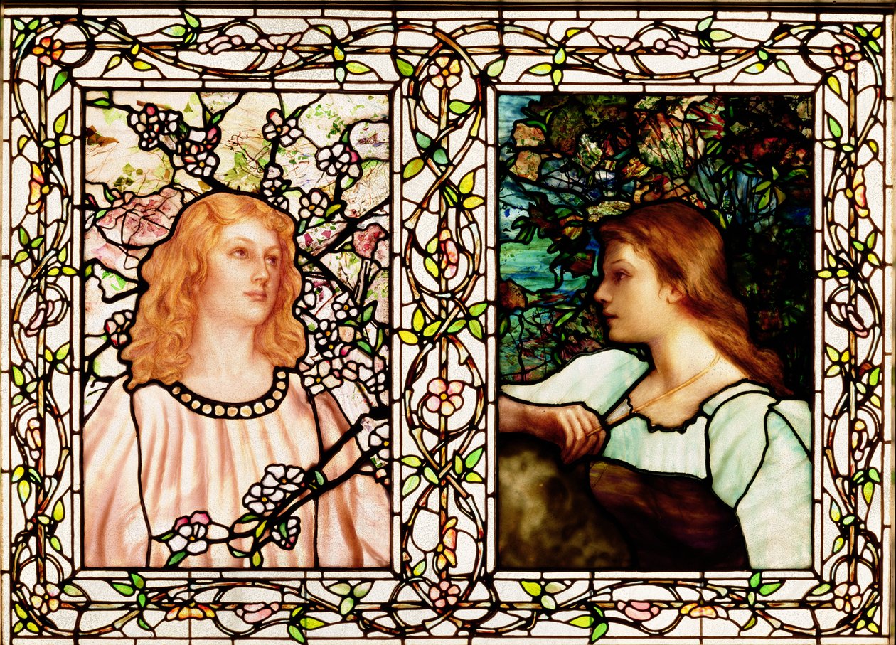 Wiosna i jesień, wyprodukowana przez Tiffany Glass & Manufacturing Co., ok. 1892 r. (szkło ołowiowe) autorstwa Lydia Field Emmett