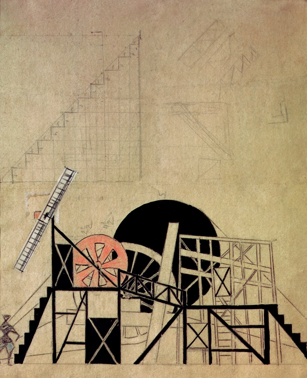 Scenografia do spektaklu „Wielki Rogacz” F. Crommelyncka, Teatr Meyerholda, Moskwa, 1922 (wc, tusz, długopis i lakier kolażowy na papierze) autorstwa Lyubov Sergeevna Popova
