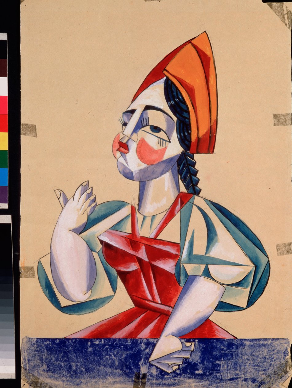 Kostium przygotowawczy dla postaci żeńskiej w sztuce Aleksandra Puszkina „Du Pope et de son valet Balda” (1799-1837). Praca Ljubowa (Lioubowa) Siergiejewny Popowej (1889-1924), gwasz i tusz na papierze autorstwa Lyubov Sergeevna Popova