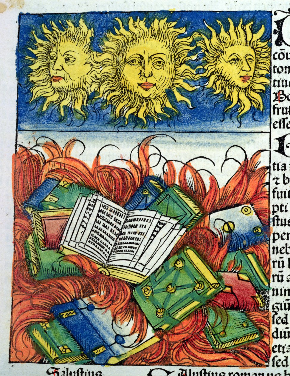 Autodafe Książek w średniowieczu, ilustracja z „Kroniki norymberskiej” Hartmanna Schedla (1440-1514) 1493 (kolorowy drzeworyt) autorstwa M. and Pleydenwurff, W. Wolgemuth